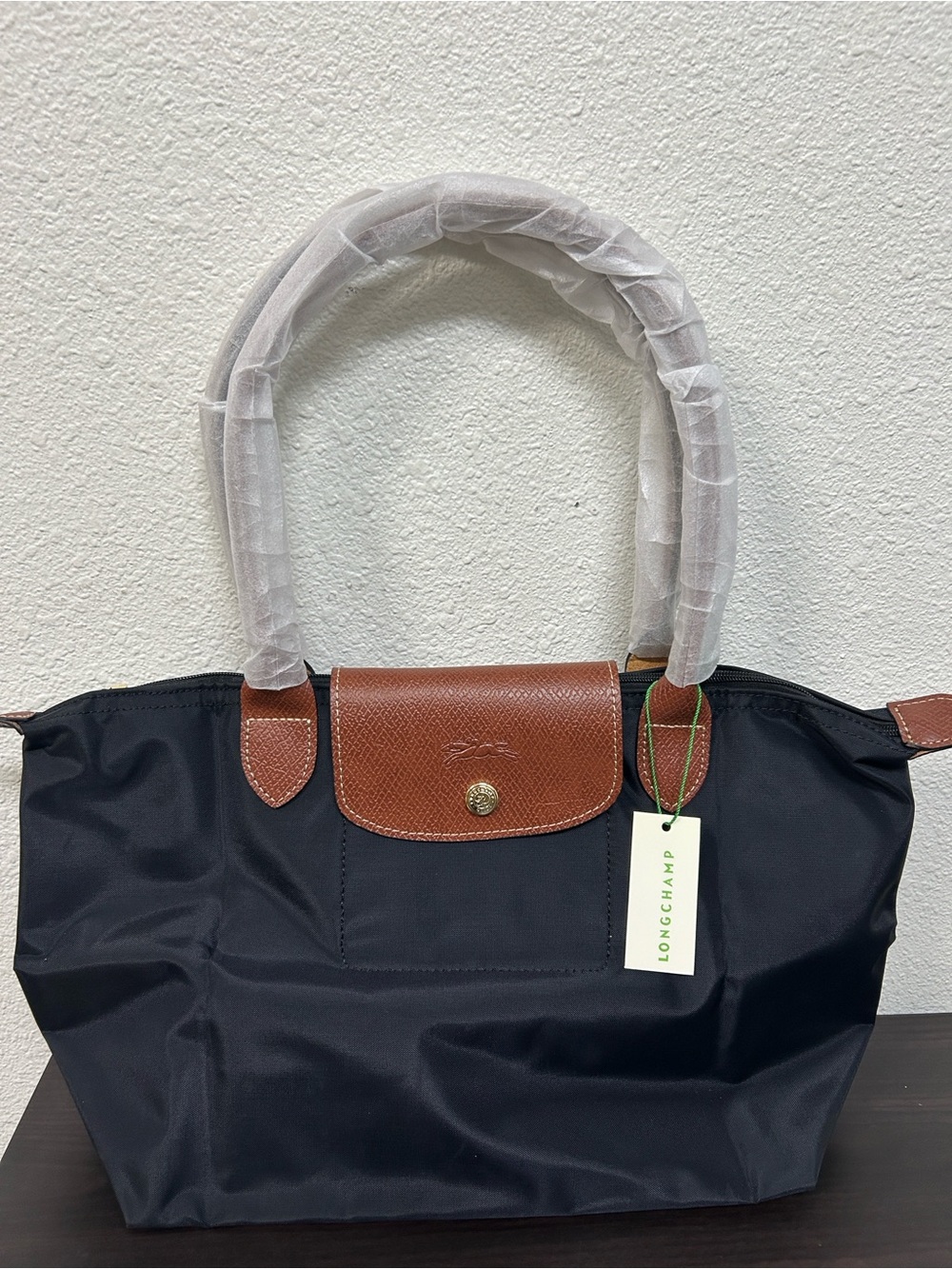 Longchamp Navy Medium Tote with Brown Leather Trim